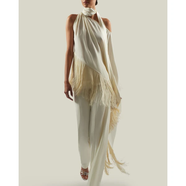 Taller Marmo Fringed Atlas Blouse - Tops - Italian Luxury Evening Wear at Luxury Shoes 
