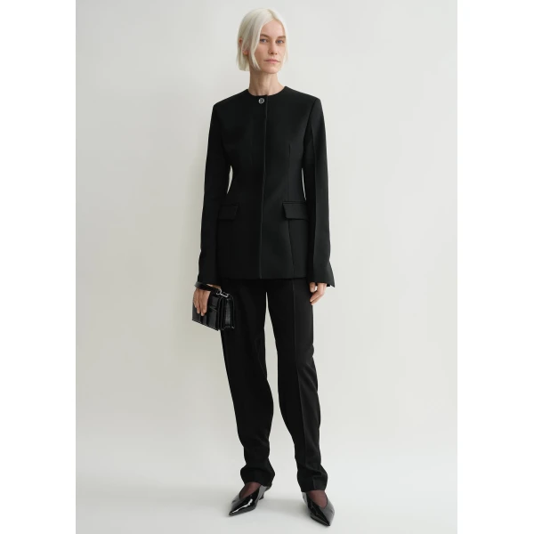 Totême Collarless cinched jacket in Black - Jackets - Scandinavian Minimalist Luxury at Luxury Shoes 