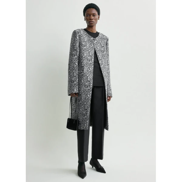 Totême Collarless floral coat in White / Black - Coats - Scandinavian Minimalist Luxury at Luxury Shoes 