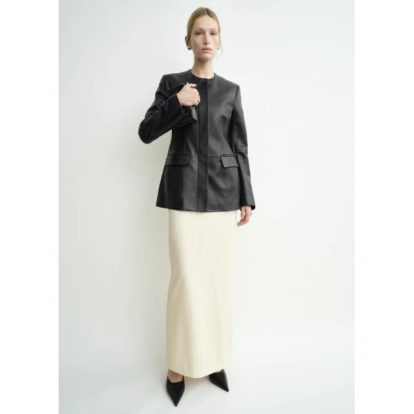 Totême Collarless leather jacket in Black - Jackets - Scandinavian Minimalist Luxury at Luxury Shoes 