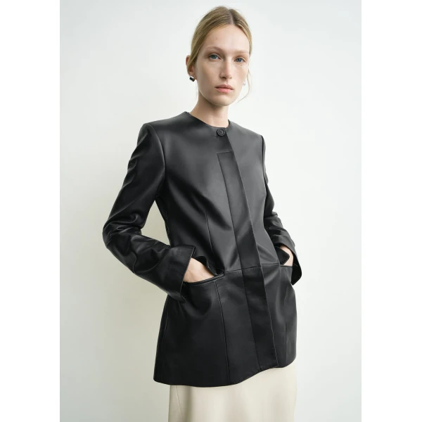 Totême Collarless leather jacket in Black - Jackets - Scandinavian Minimalist Luxury at Luxury Shoes 
