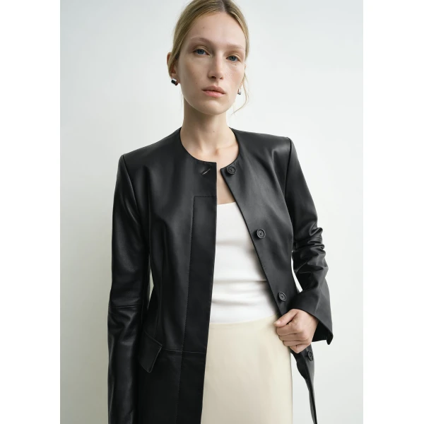 Totême Collarless leather jacket in Black - Jackets - Scandinavian Minimalist Luxury at Luxury Shoes 