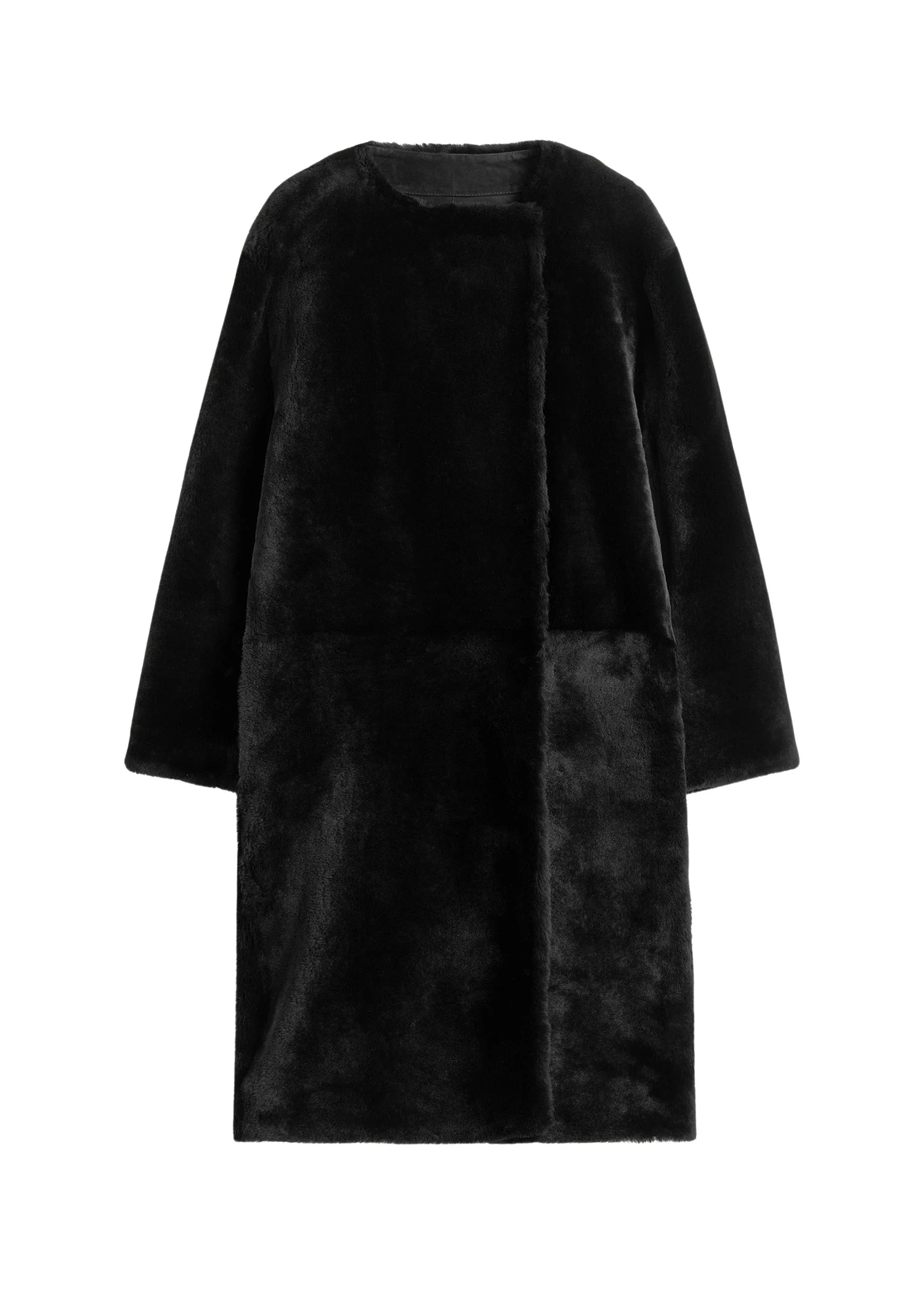 Toteme-Collarless-shearling-coat-in-Black47406_nobg Totême Collarless shearling coat in Black - Coats - Scandinavian Minimalist Luxury at Luxury Shoes