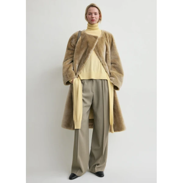 Totême Collarless shearling coat in Rye - Coats - Scandinavian Minimalist Luxury at Luxury Shoes 