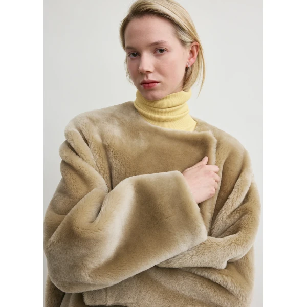 Totême Collarless shearling coat in Rye - Coats - Scandinavian Minimalist Luxury at Luxury Shoes 