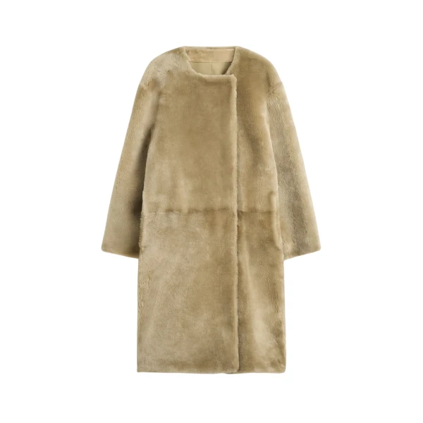 Totême Collarless shearling coat in Rye - Coats - Scandinavian Minimalist Luxury at Luxury Shoes 
