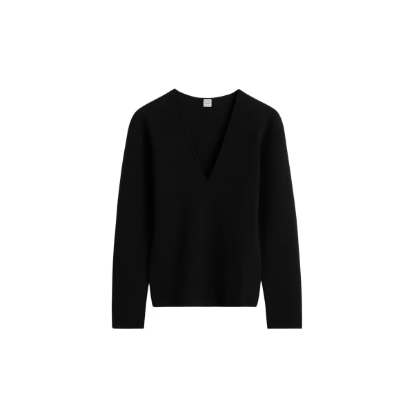 Totême Compact knit v-neck in Black - Knitwear - Scandinavian Minimalist Luxury at Luxury Shoes 