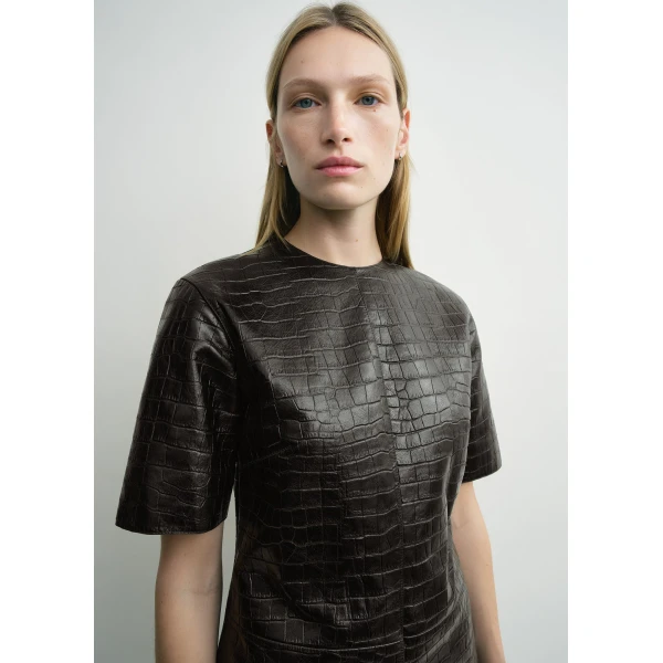 Totême Croco-embossed tee in Dark brown - Tops - Scandinavian Minimalist Luxury at Luxury Shoes 