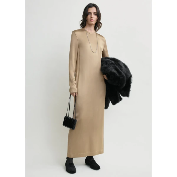 Totême Long satin dress in Latte - Dresses - Scandinavian Minimalist Luxury at Luxury Shoes 