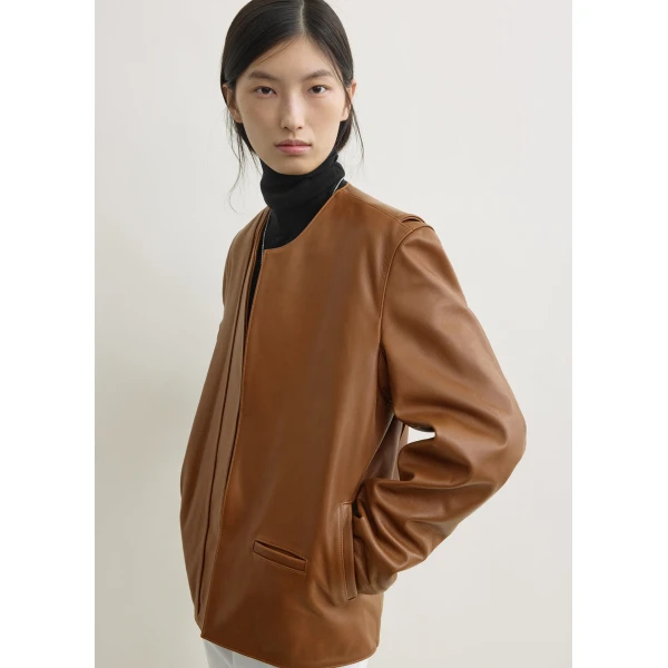 Totême Minimal biker jacket in Copper - Jackets - Scandinavian Minimalist Luxury at Luxury Shoes 