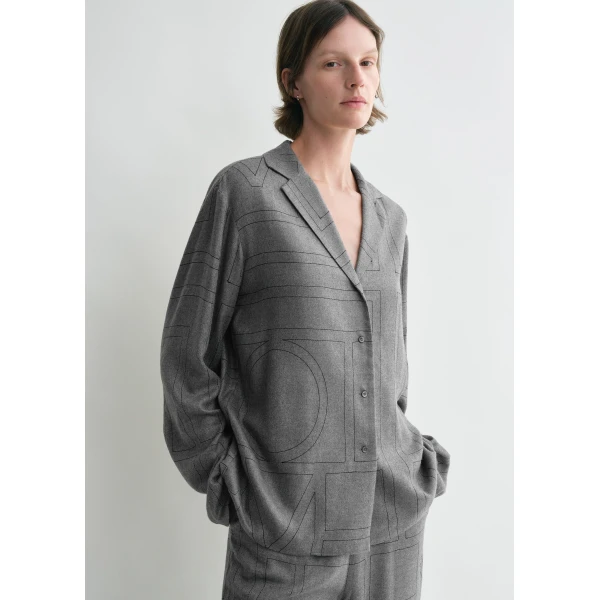 Totême Monogram flannel pj top in Smoke melange - Tops - Scandinavian Minimalist Luxury at Luxury Shoes 