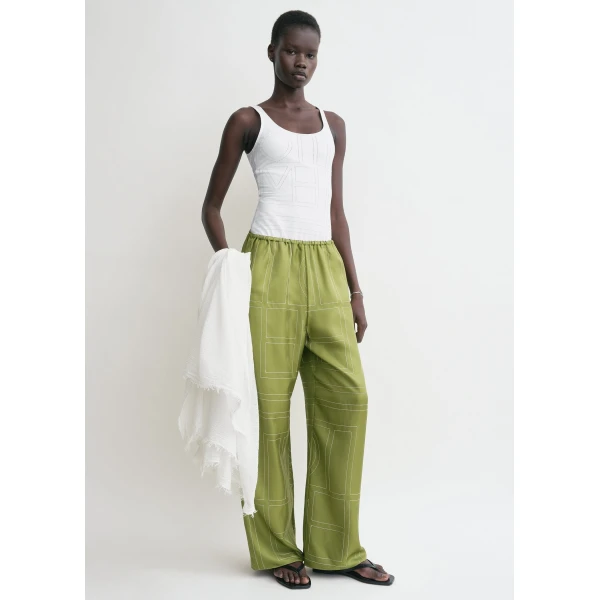 Totême Monogram silk pj bottoms in Laurel - Pants - Scandinavian Minimalist Luxury at Luxury Shoes 