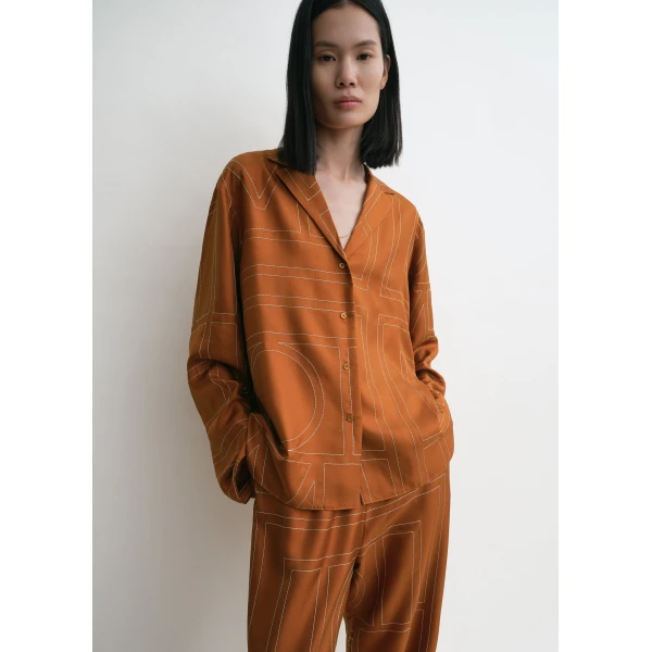 Totême Monogram silk pj top in Terracotta - Tops - Scandinavian Minimalist Luxury at Luxury Shoes 
