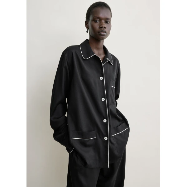 Totême Piped pj top in Black - Tops - Scandinavian Minimalist Luxury at Luxury Shoes 