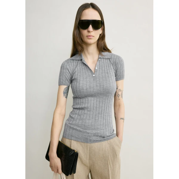 Totême Ribbed cashmere silk polo in Grey melange - Knitwear - Scandinavian Minimalist Luxury at Luxury Shoes 