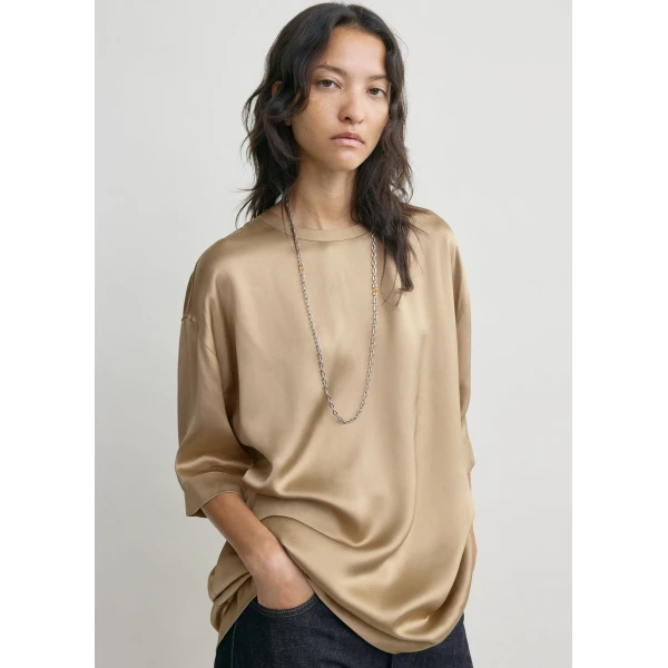 Totême Satin tee in Latte - Tops - Scandinavian Minimalist Luxury at Luxury Shoes 