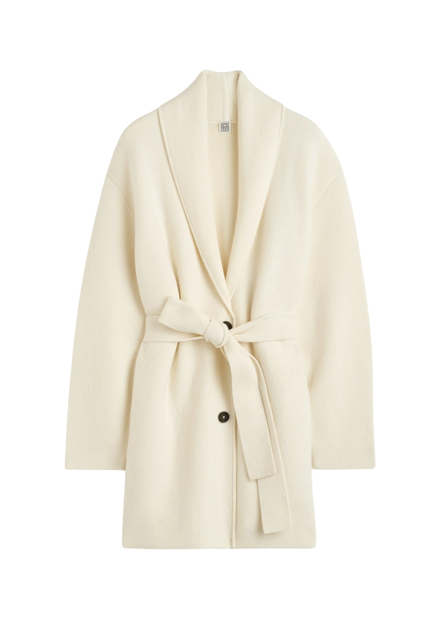 Toteme-Shawl-lapel-cashmere-wool-robe-in-Ecru38198_nobg Totême Shawl-lapel cashmere-wool robe in Ecru - Knitwear - Scandinavian Minimalist Luxury at Luxury Shoes
