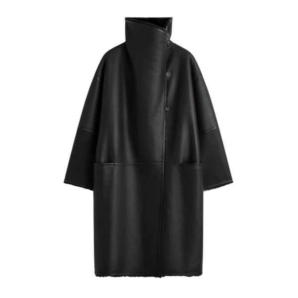 Totême Shearling wrap coat in Black - Coats - Scandinavian Minimalist Luxury at Luxury Shoes 