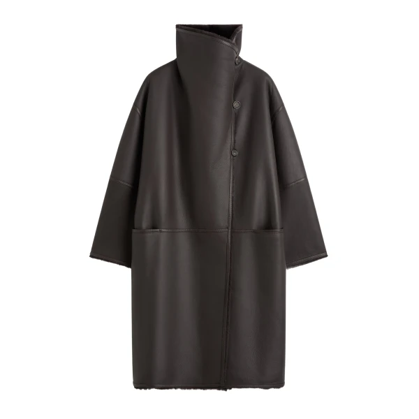 Totême Shearling wrap coat in Dark brown - Coats - Scandinavian Minimalist Luxury at Luxury Shoes 