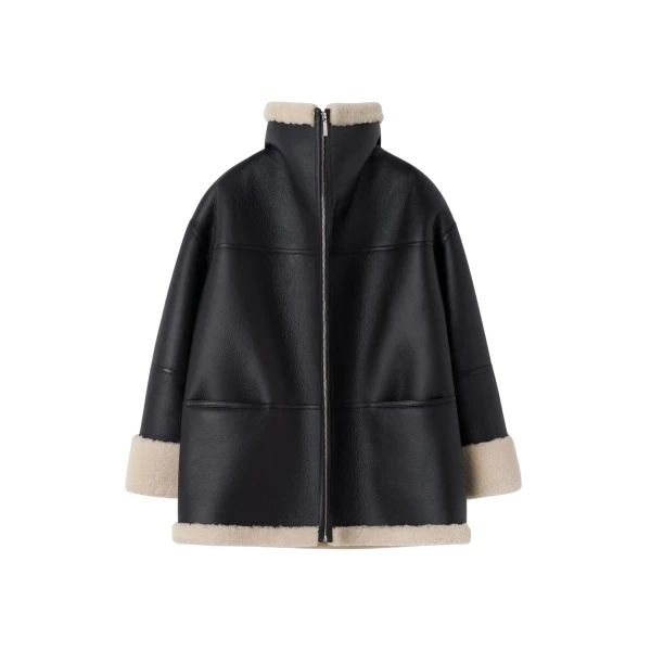 Totême Signature shearling jacket in Black / Off-white - Jackets - Scandinavian Minimalist Luxury at Luxury Shoes 