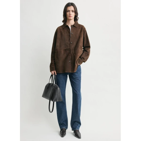 Totême Soft suede overshirt in Bark - Tops - Scandinavian Minimalist Luxury at Luxury Shoes 
