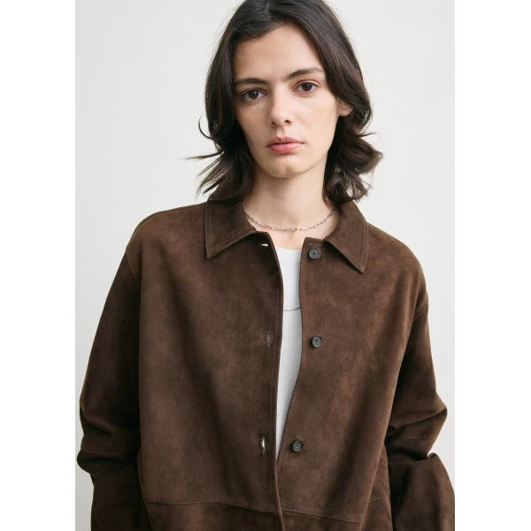 Totême Soft suede overshirt in Bark - Tops - Scandinavian Minimalist Luxury at Luxury Shoes 