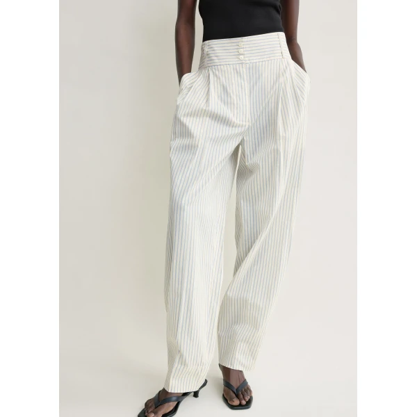 Totême Stripe balloon trousers in White / Cobalt - Pants - Scandinavian Minimalist Luxury at Luxury Shoes 