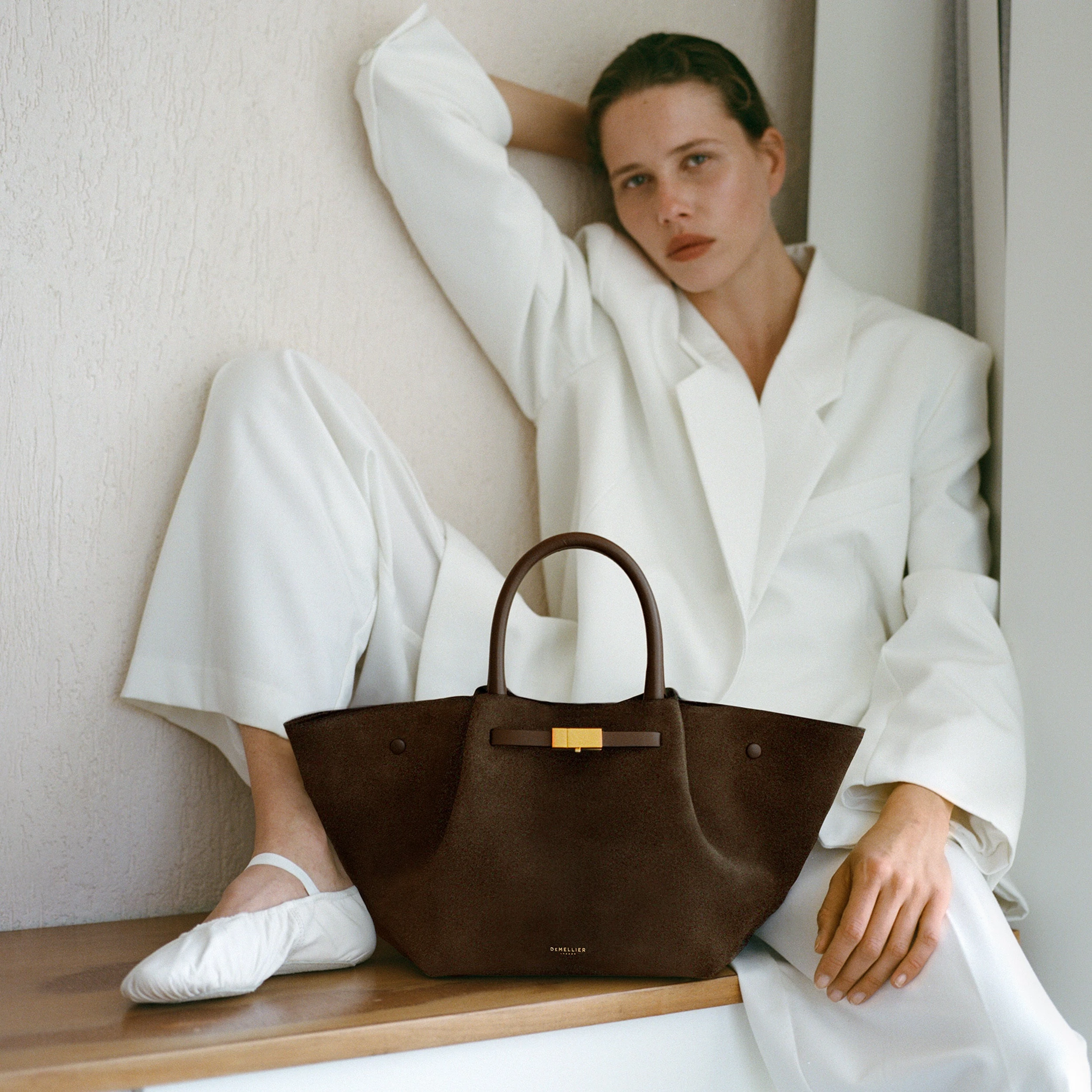 DeMellier The Midi New York structured leather shoulder bag in mocha suede and smooth leather