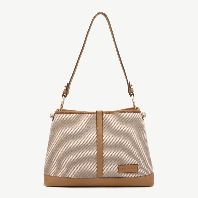Strathberry Lana Hobo in caramel grain leather and natural twill, a soft shoulder bag designed in Scotland and handcrafted in Spain
