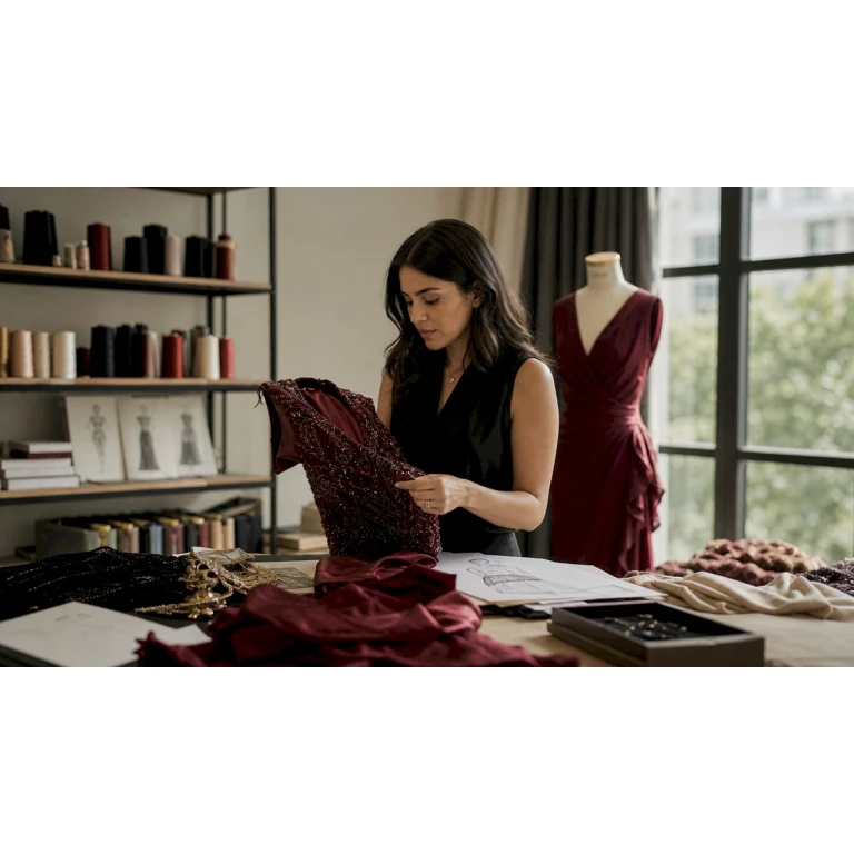 Diseñadora revisando cuidadosamente piezas únicas en su taller