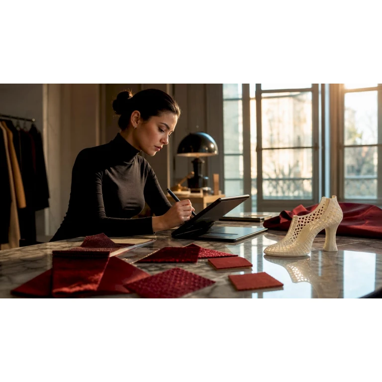 Ein Designer sitzt an seinem Schreibtisch und entwirft dreidimensionale Schuhmodelle.