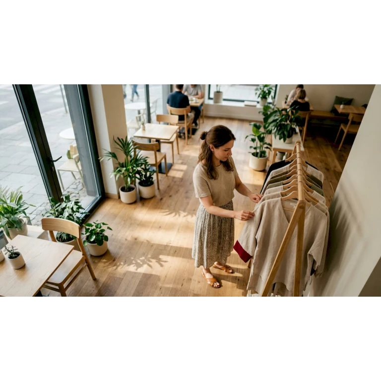 O femeie își alege haine realizate din materiale sustenabile într-un magazin de tip boutique, atentă la impactul asupra mediului și la calitatea produselor.