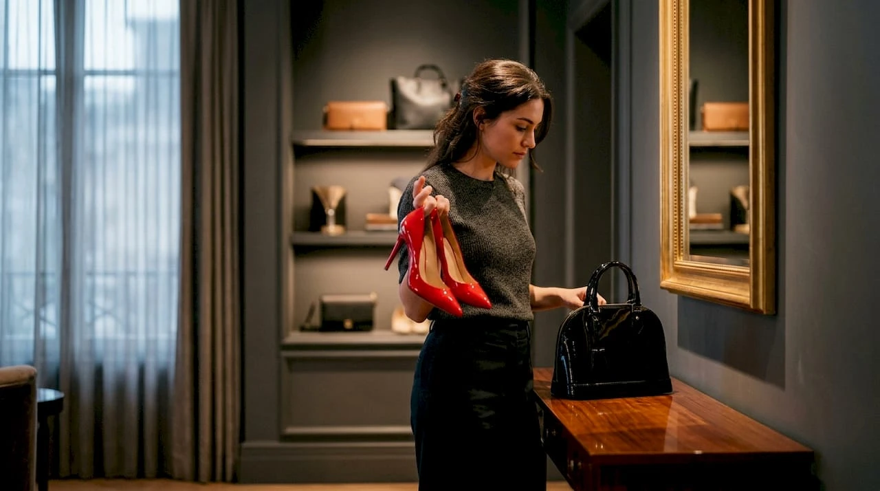 Mujer decidiendo qué bolso y zapatos combinar en su vestidor