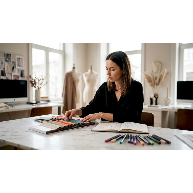 Een modeontwerper brengt nieuwe ontwerpen tot leven in zijn studio, met potlood en papier in de hand.