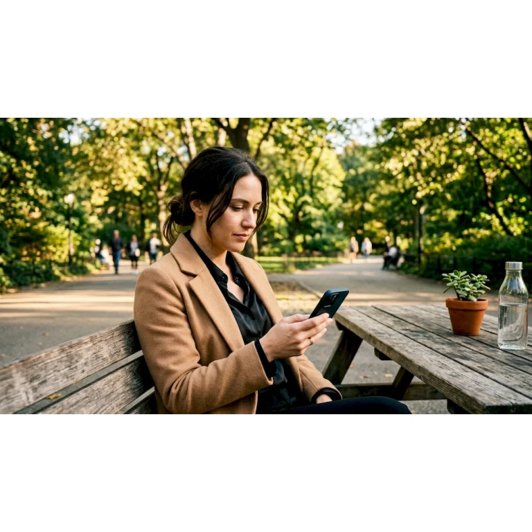Mujer consultando opiniones sobre marcas en su teléfono móvil