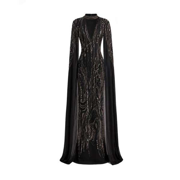 Gemy Maalouf Beaded V-Neck Cape Dress