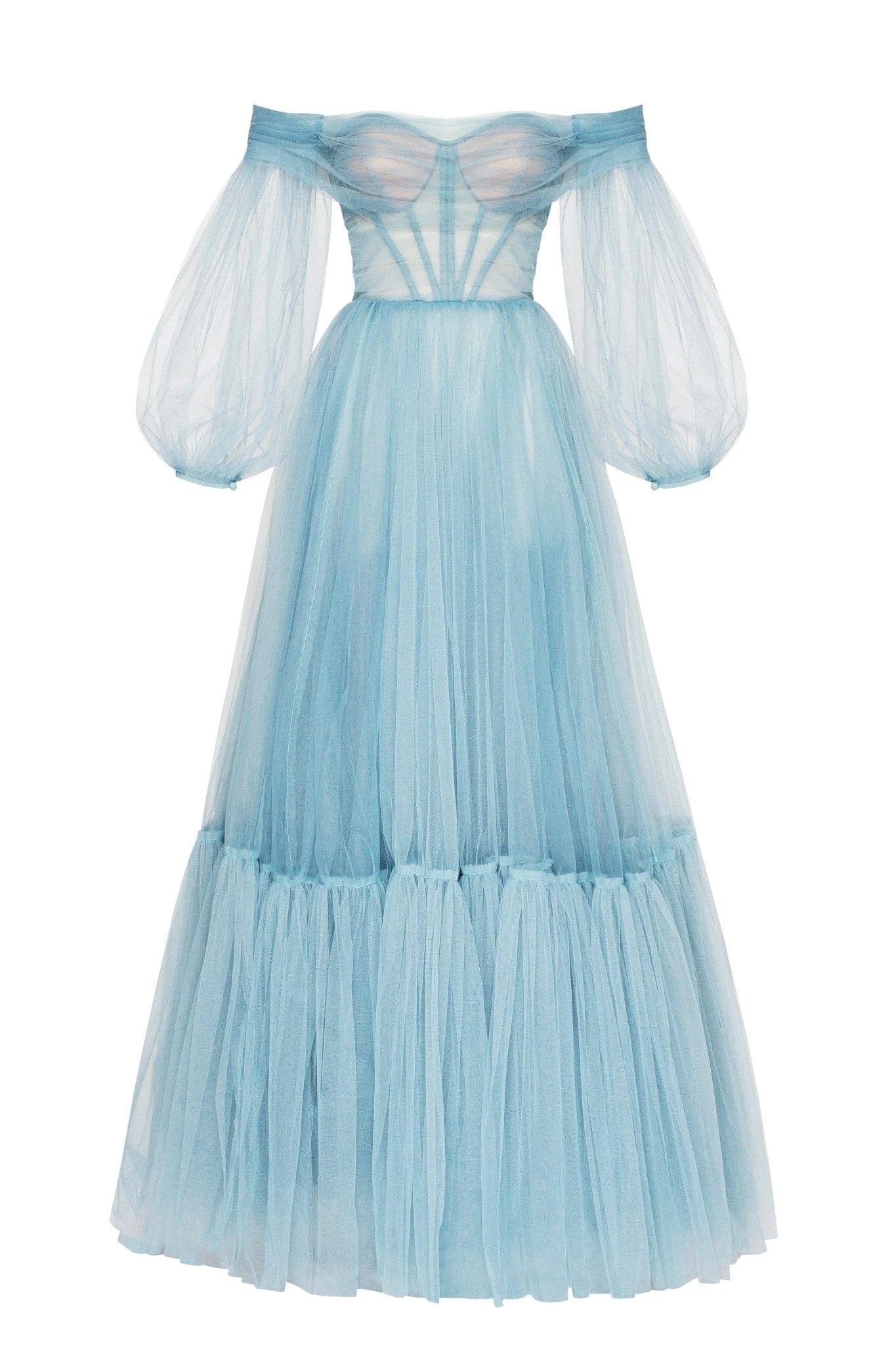 Milla Ocean Wave Sheer Sleeves Maxi Tulle Dress - Dresses - Ukrainian Luxury Evening Gown at Luxury Shoes Milla dresses