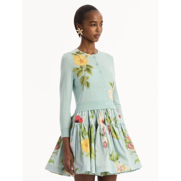 Oscar de la Renta Chiné Dominican Mixed-Floral Threadwork Cardigan - Knitwear - American Luxury Evening Wear at Luxury Shoes 