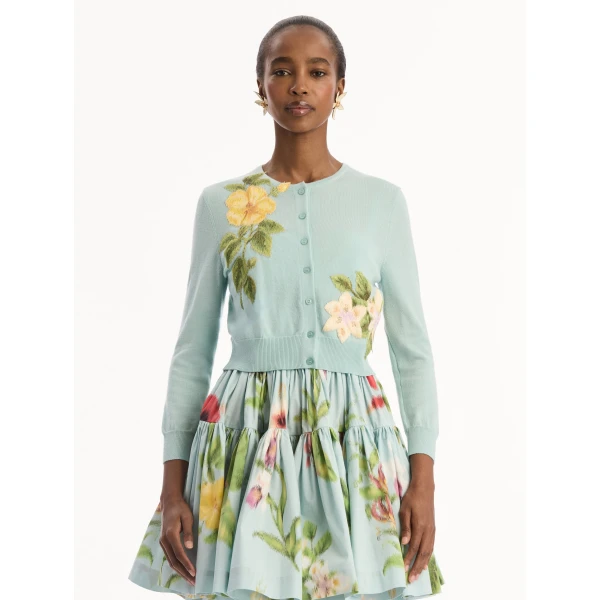 Oscar de la Renta Chiné Dominican Mixed-Floral Threadwork Cardigan - Knitwear - American Luxury Evening Wear at Luxury Shoes 