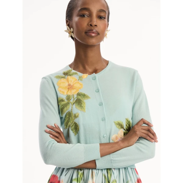 Oscar de la Renta Chiné Dominican Mixed-Floral Threadwork Cardigan - Knitwear - American Luxury Evening Wear at Luxury Shoes 