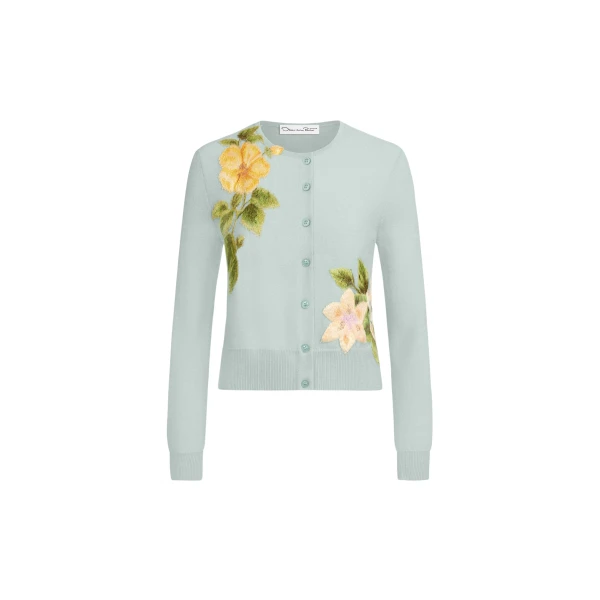 Oscar de la Renta Chiné Dominican Mixed-Floral Threadwork Cardigan - Knitwear - American Luxury Evening Wear at Luxury Shoes 