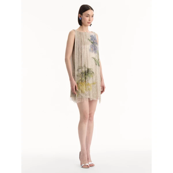 Oscar de la Renta Chiné Hibiscus Beaded Fringe Shift Dress - Dresses - American Luxury Evening Wear at Luxury Shoes 