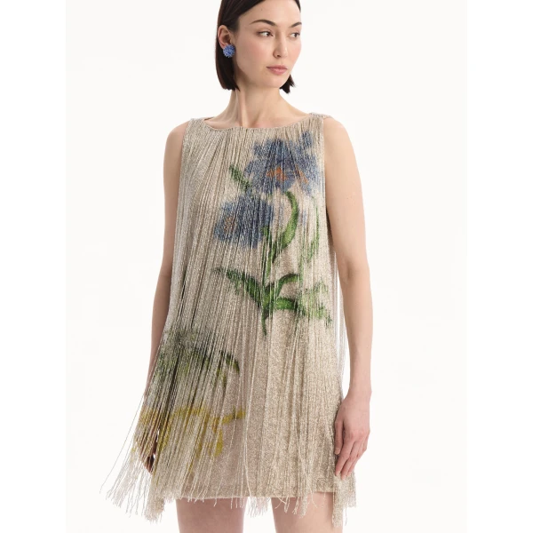 Oscar de la Renta Chiné Hibiscus Beaded Fringe Shift Dress - Dresses - American Luxury Evening Wear at Luxury Shoes 