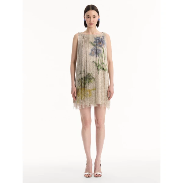 Oscar de la Renta Chiné Hibiscus Beaded Fringe Shift Dress - Dresses - American Luxury Evening Wear at Luxury Shoes 