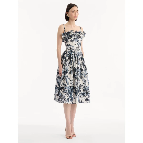 Oscar de la Renta Dotted Palm Leaves Cotton Poplin Sleeveless Dress - Dresses - American Luxury Evening Wear at Luxury Shoes 