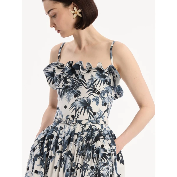 Oscar de la Renta Dotted Palm Leaves Cotton Poplin Sleeveless Dress - Dresses - American Luxury Evening Wear at Luxury Shoes 