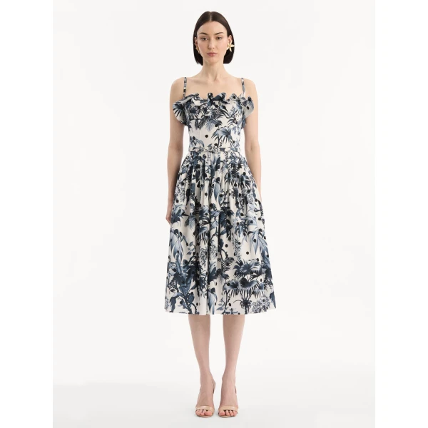 Oscar de la Renta Dotted Palm Leaves Cotton Poplin Sleeveless Dress - Dresses - American Luxury Evening Wear at Luxury Shoes 