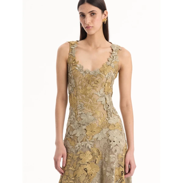 Oscar de la Renta Hibiscus Metallic Guipure Cocktail Dress - Dresses - American Luxury Evening Wear at Luxury Shoes 