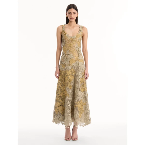Oscar de la Renta Hibiscus Metallic Guipure Cocktail Dress - Dresses - American Luxury Evening Wear at Luxury Shoes 